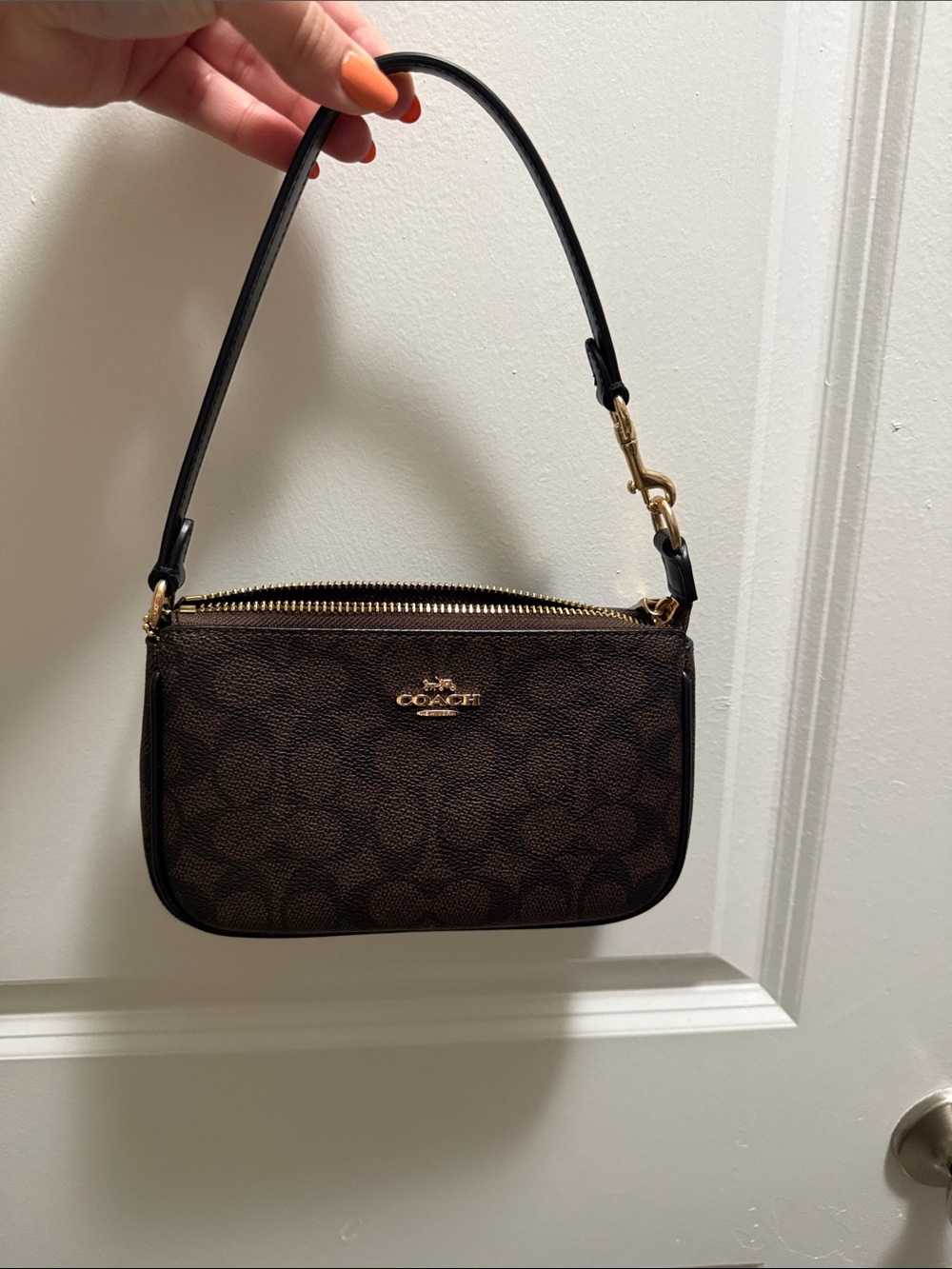 Coach Brown and Black Signature Mini Shoulder Bag with Gold Hardware